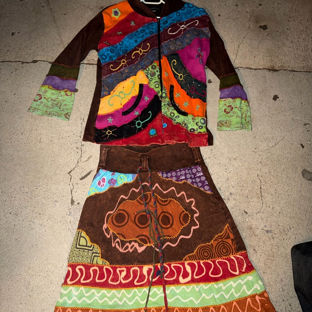 Himalayan Treasure Patchwork Hippie Boho Jacket XXL & Skirt XL SET